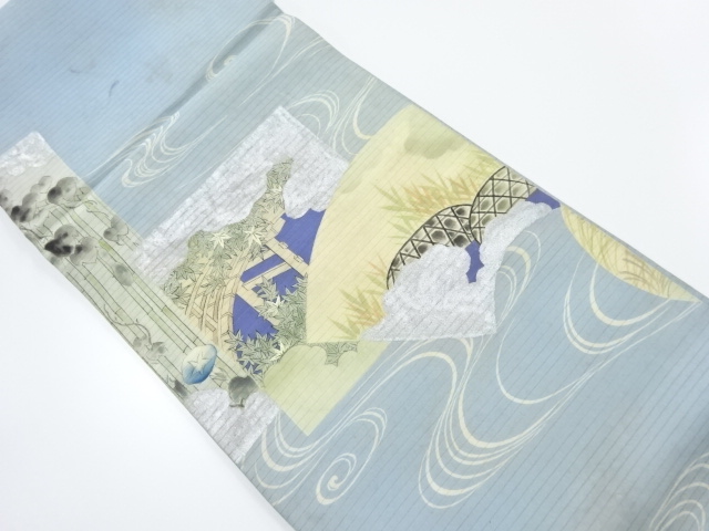 アンティーク　絽橋に楓・朝顔模様刺繍丸帯（材料）
